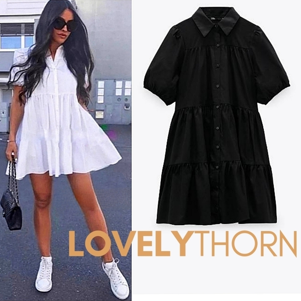 ZARA // blogger fave black poplin puff sleeve collar tiered babydoll min…